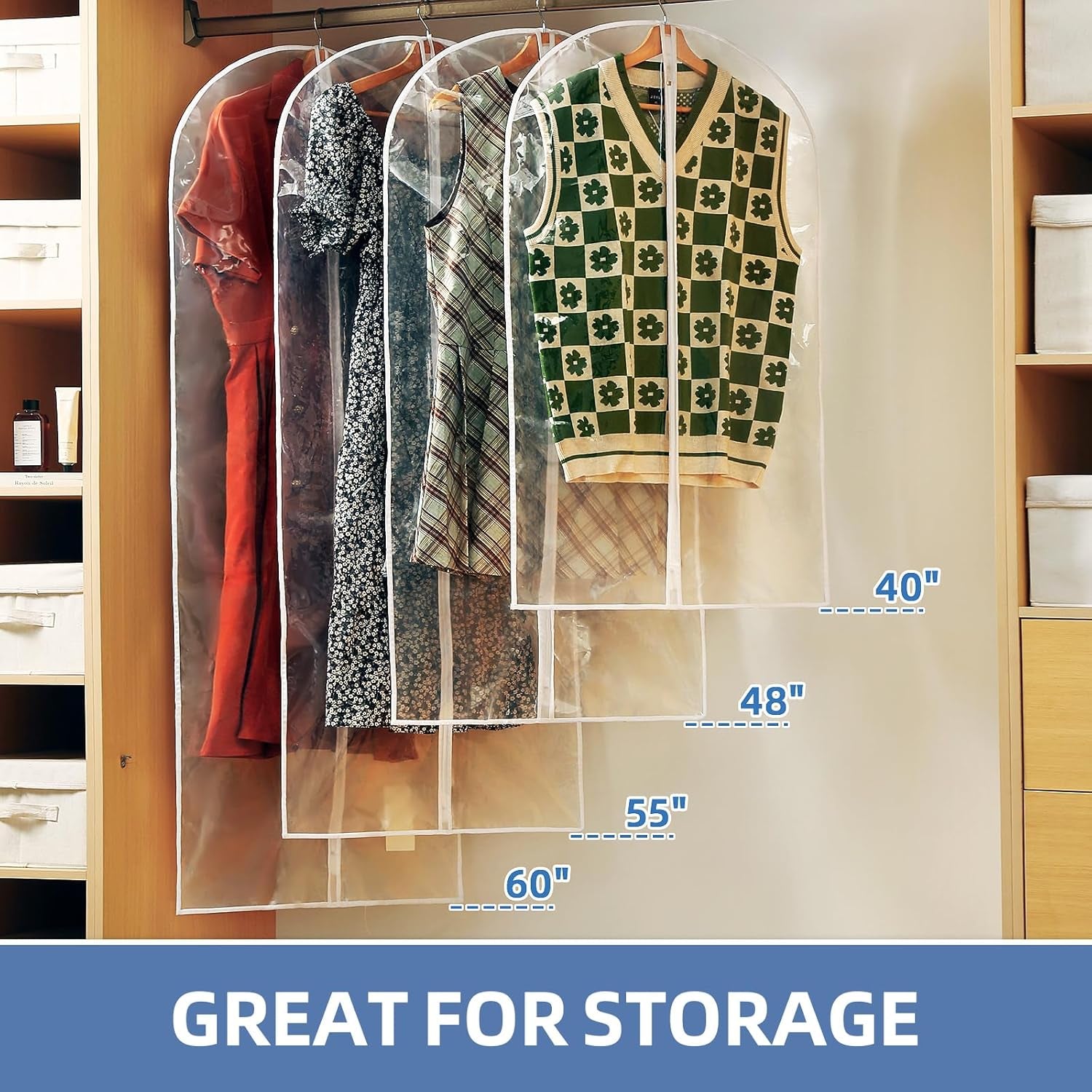 48" All Clear Garment Bags for Hanging Clothes, 12 Packs Suit Bags for Closet Storage, Plastic Waterproof Suit Cover Bags with Zipper for Coats, Jackets, Shirts (Set of 12)